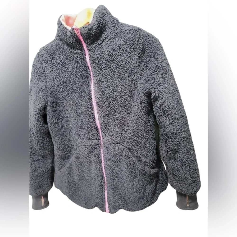 IVIVVA LULULEMON REVERSIBLE PINK GRAY THUMB HOLES SHERPA JACKET ZIP FRONT 12